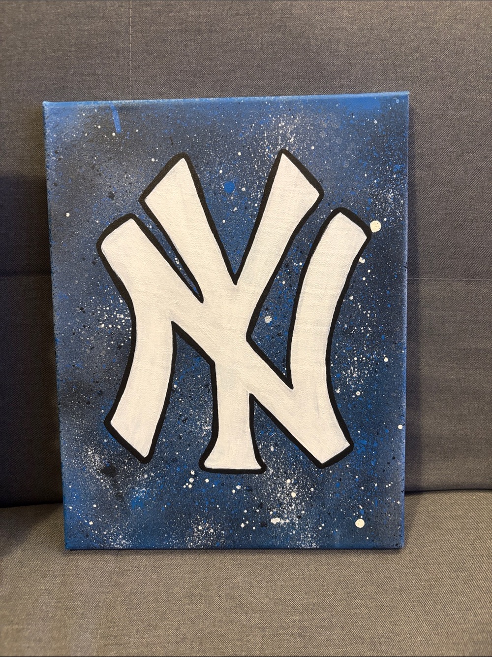 Hand painted Yankees Canvas Wall Art on Blue Splatter Background